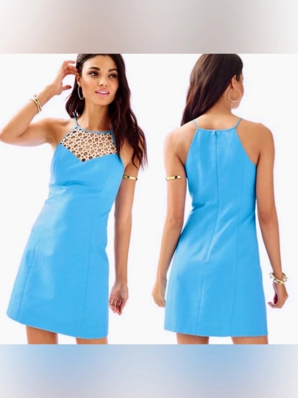 Lilly Pulitzer Larina Shift Dress - Sea Spray Blue and gold cage high neck 4